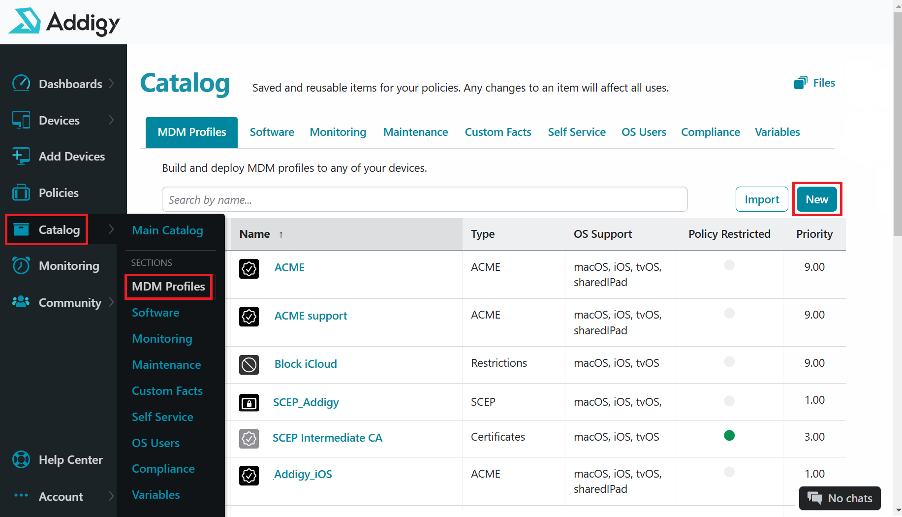 Addigy — Catalog > MDM Profiles