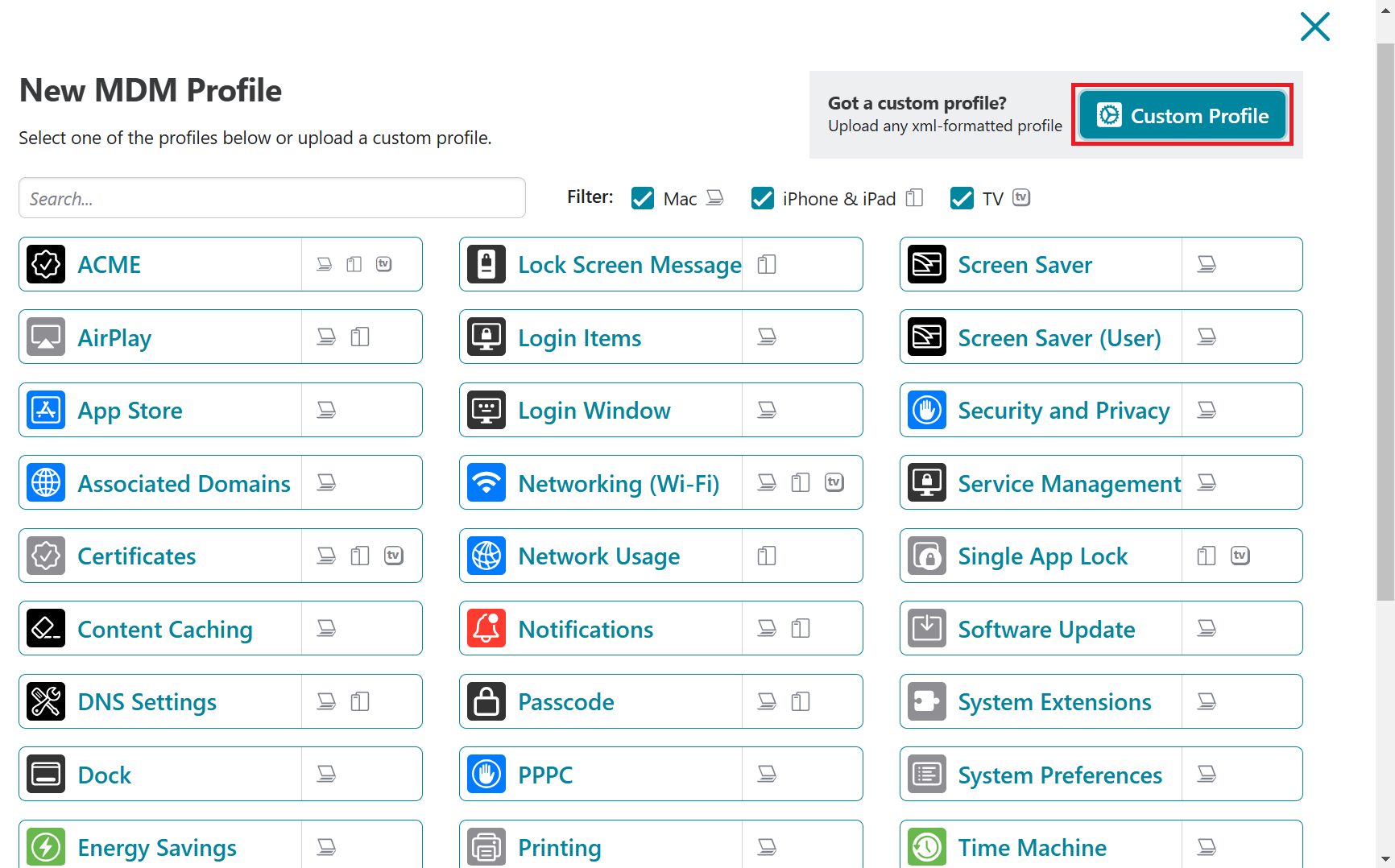 New MDM Profile — Custom Profile