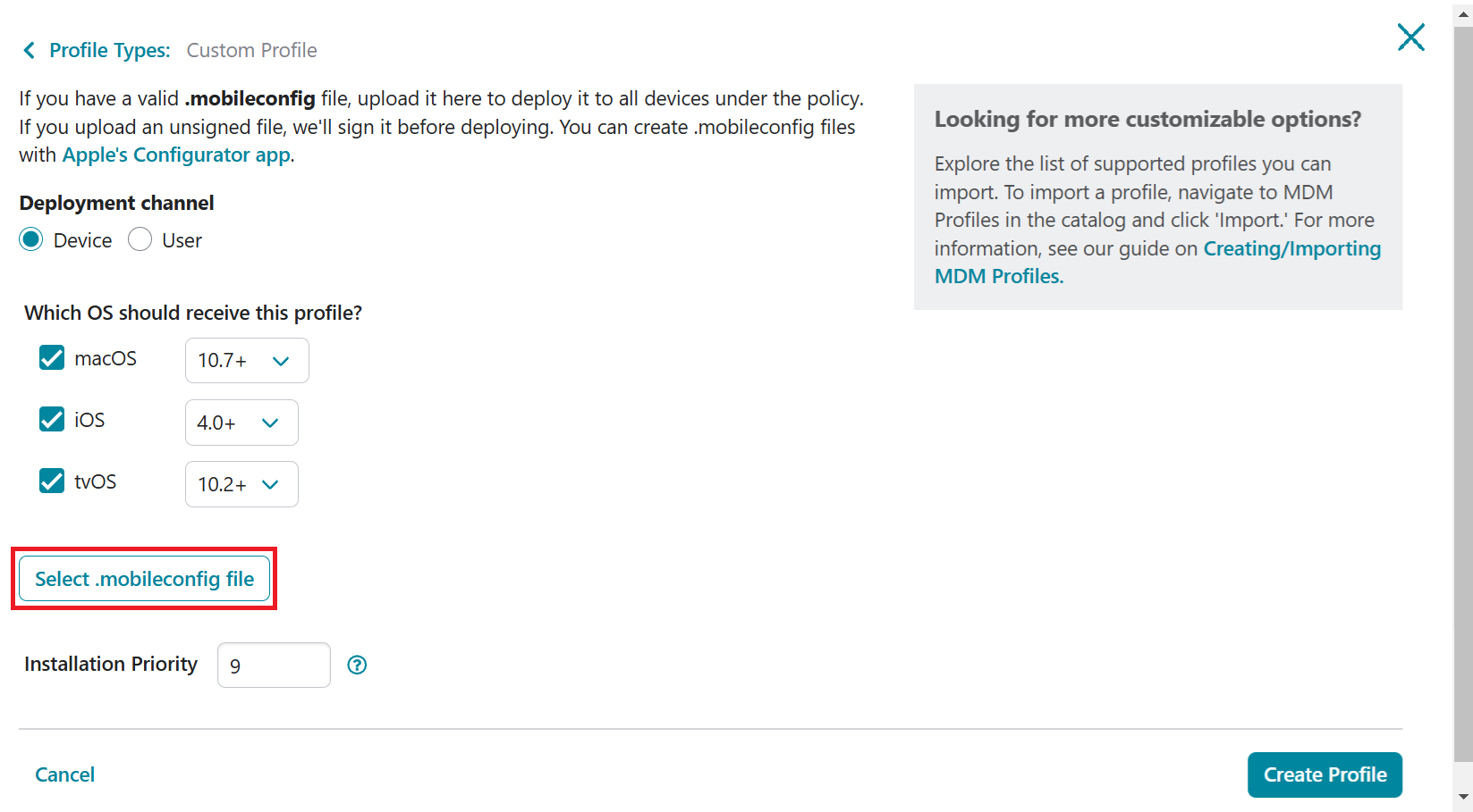 Select .mobileconfig file