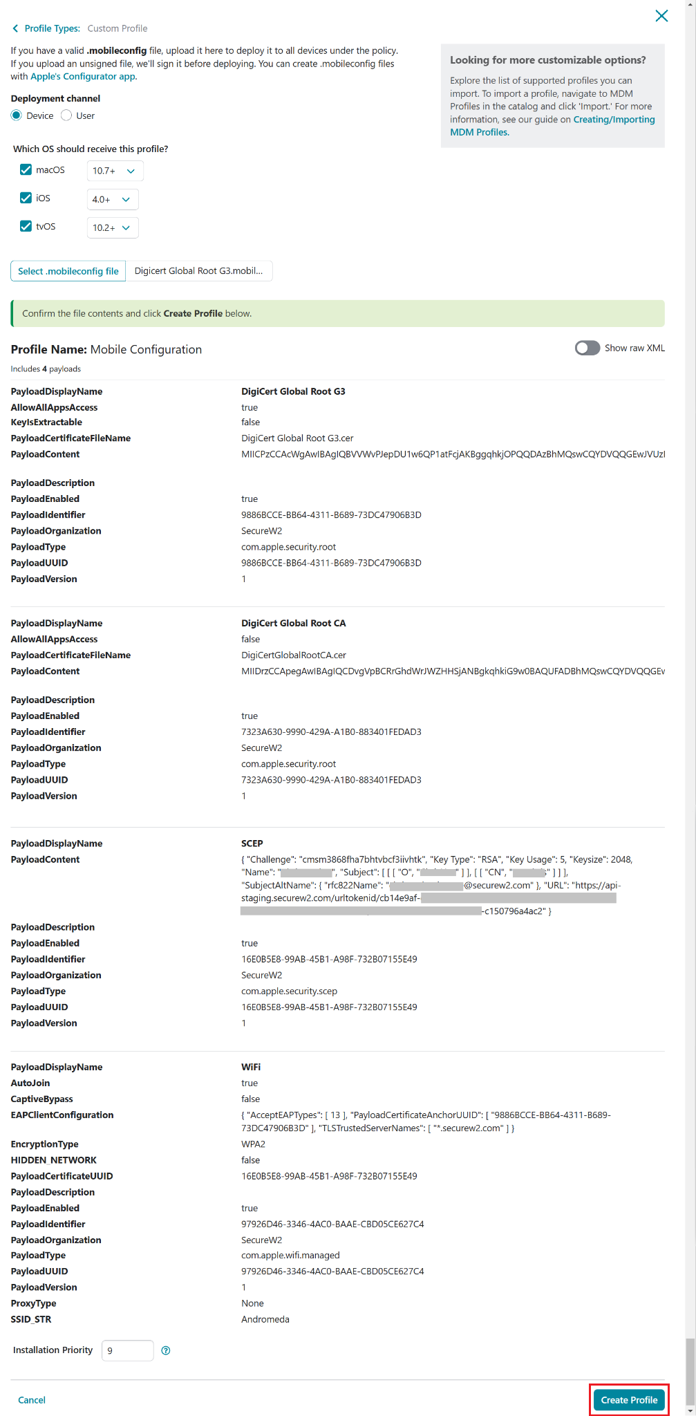 Create Profile confirmation