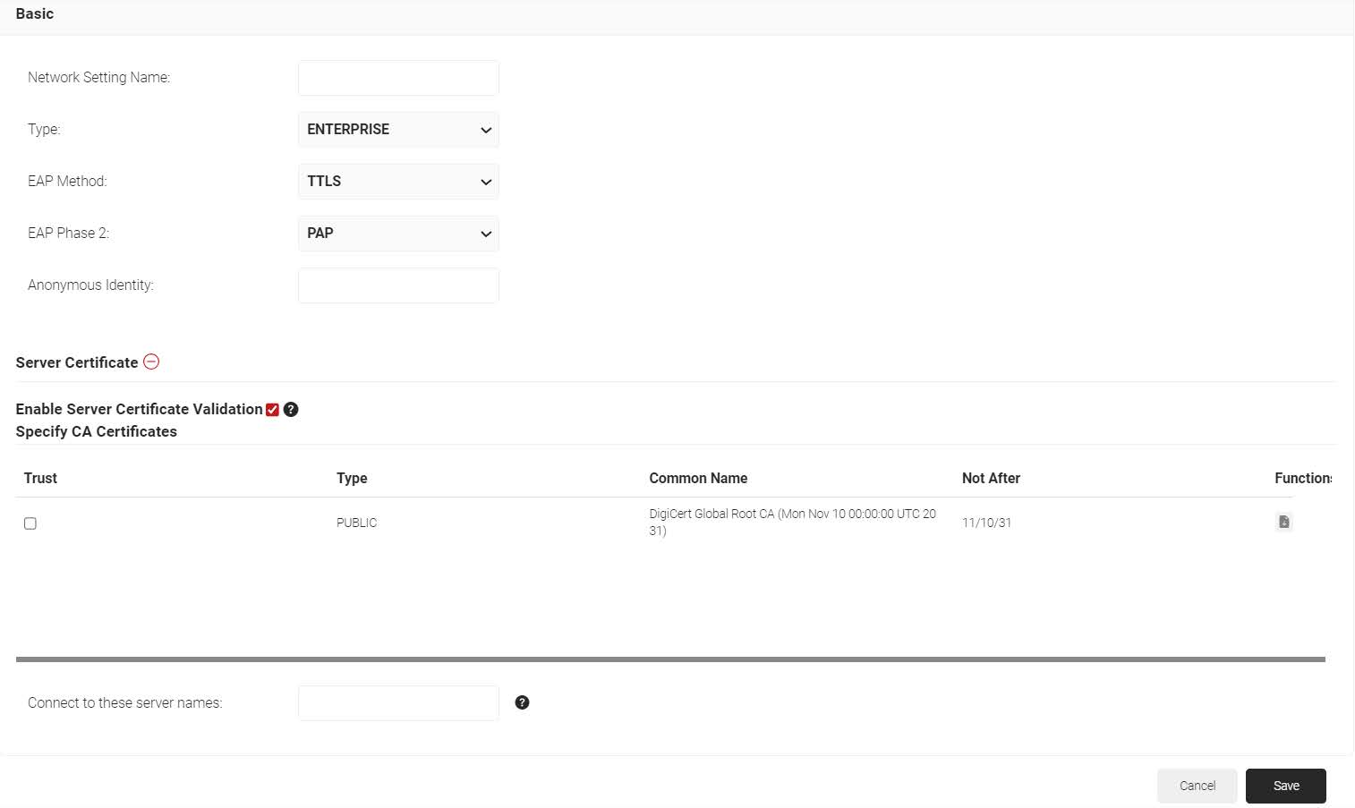Server Certificate — Enable Server Certificate Validation checked