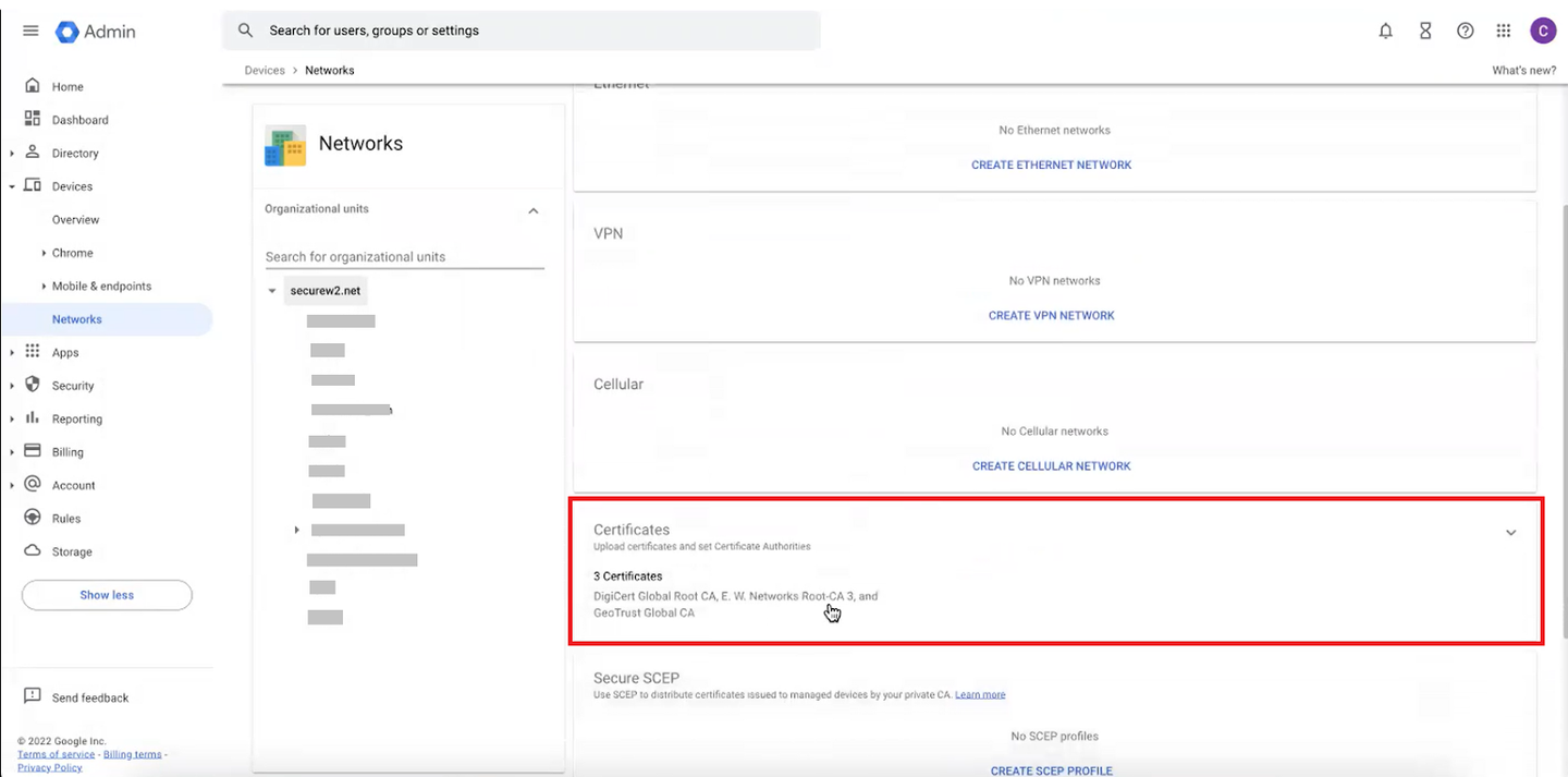 Google Admin Console — Devices > Networks