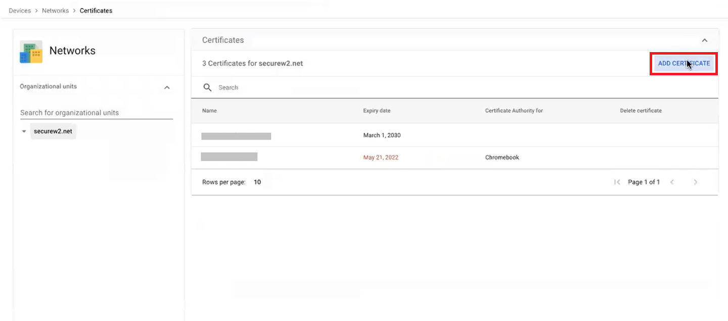 Certificates page — ADD CERTIFICATE
