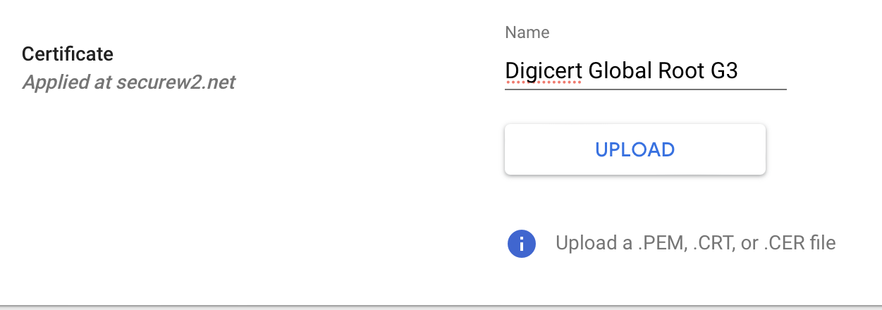 Add Certificate — Name and UPLOAD