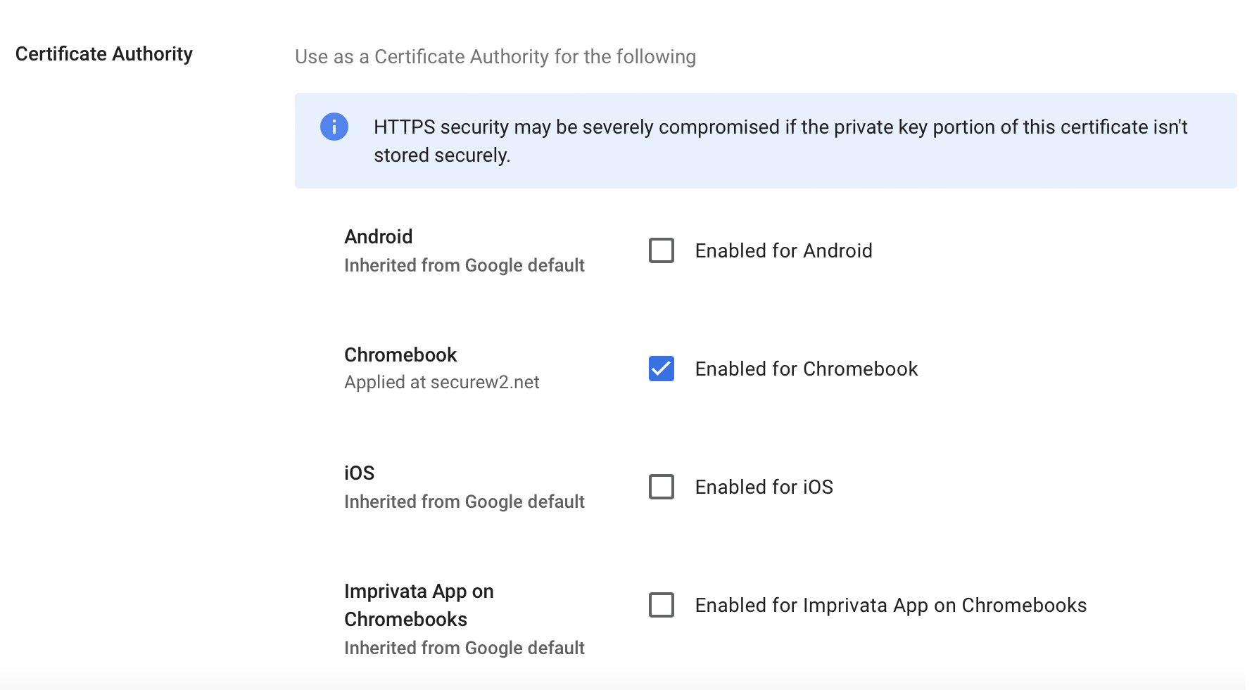 Certificate Authority — Enabled for Chromebook