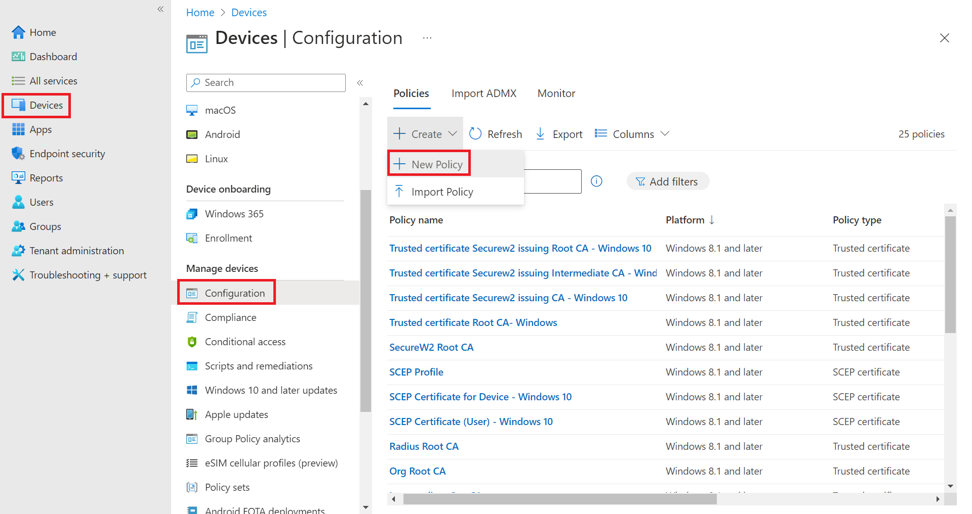 Microsoft Endpoint Manager — Devices > Configuration