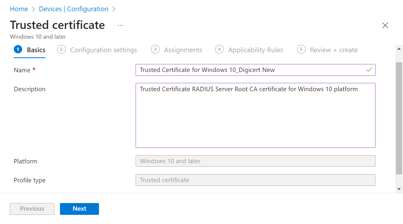 Trusted certificate profile type selected