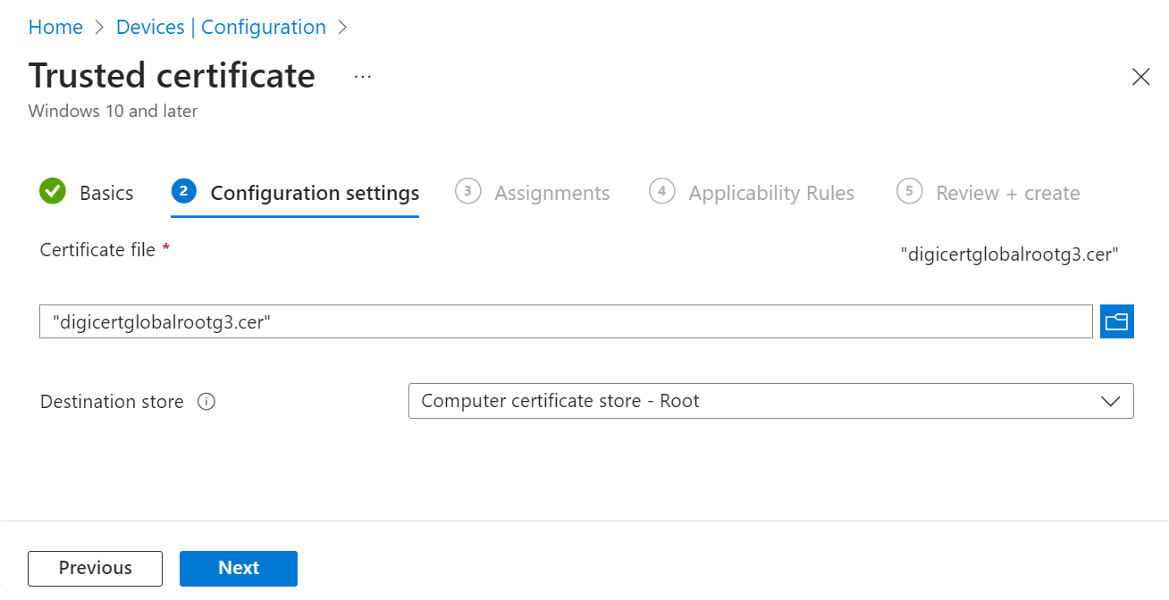 Configuration settings — Browse for Root CA