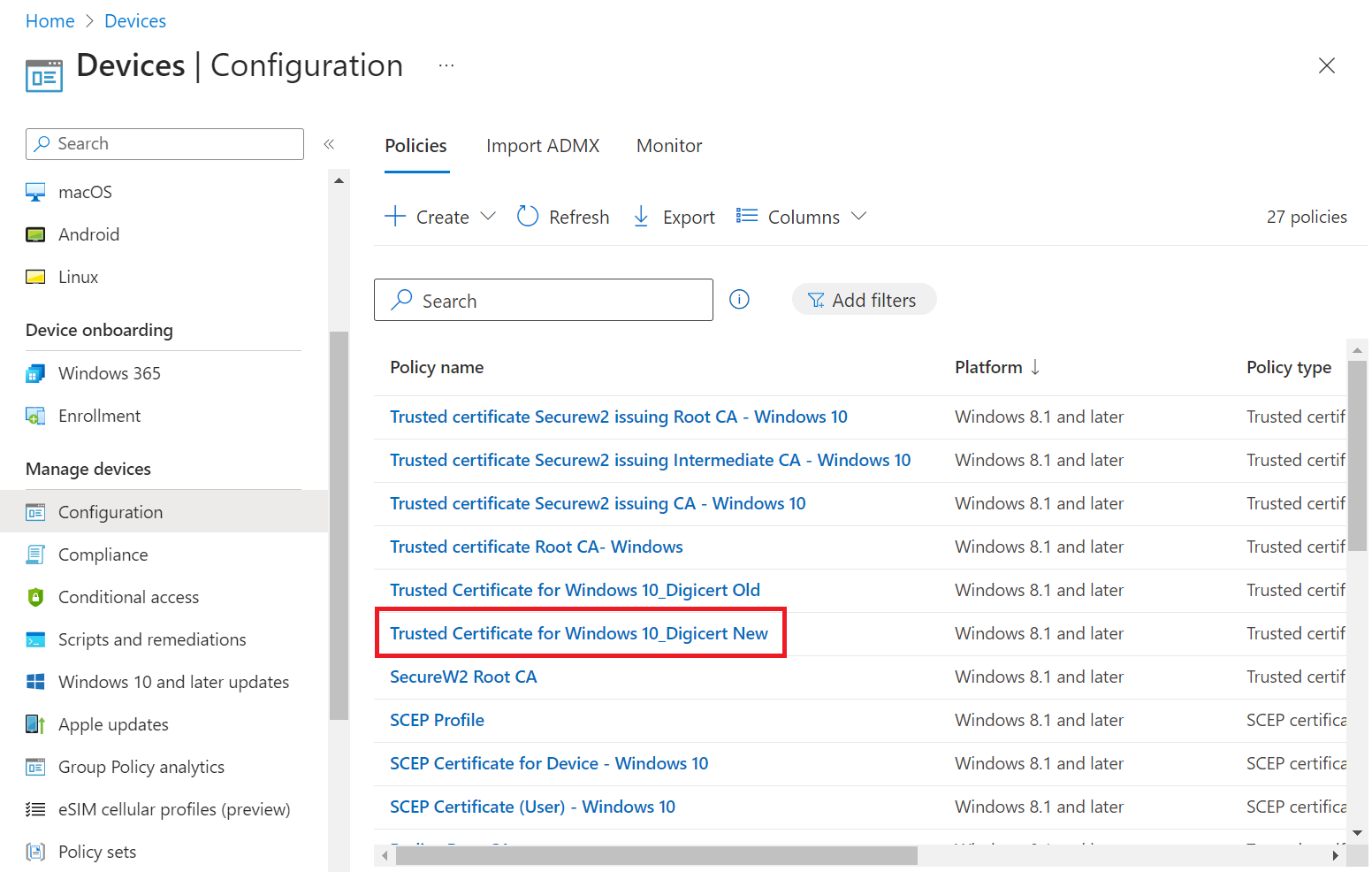 Devices > Configuration — Wi-Fi profile selected