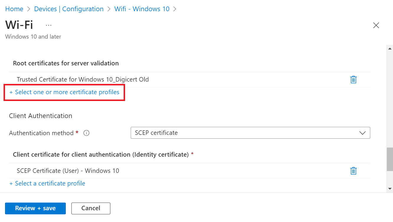 Select certificate profile with new Root CA