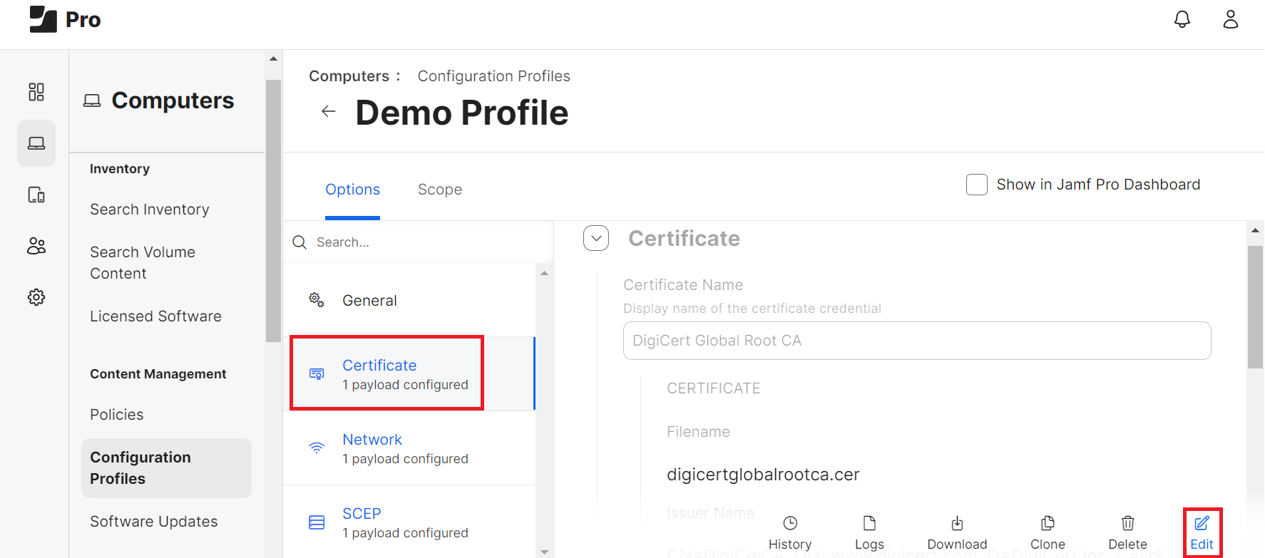 Options > Certificate — Edit