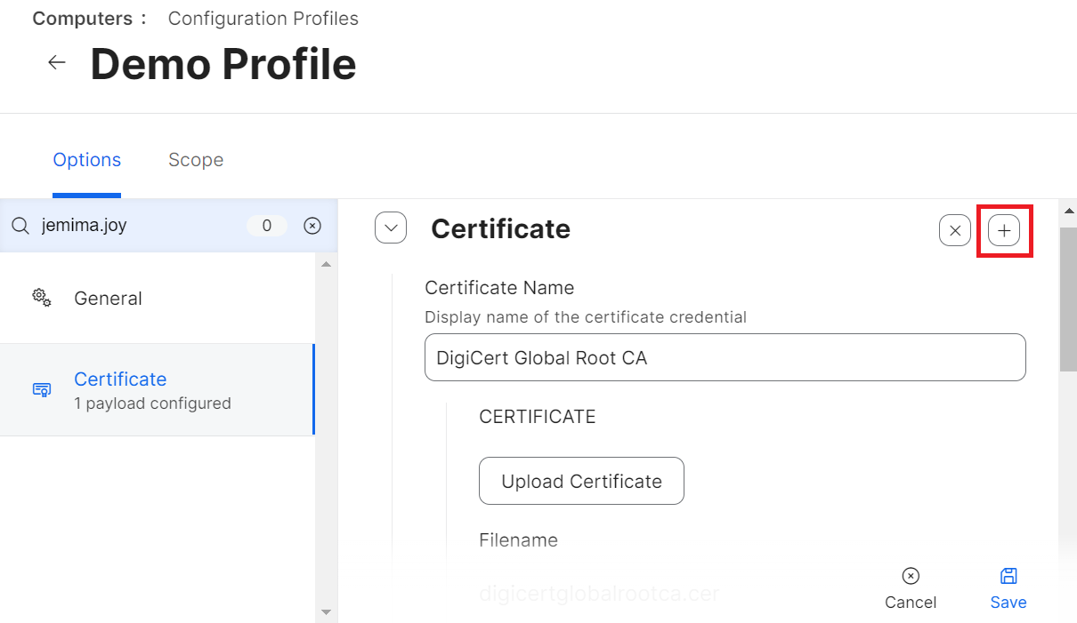Select Certificate Option — Upload
