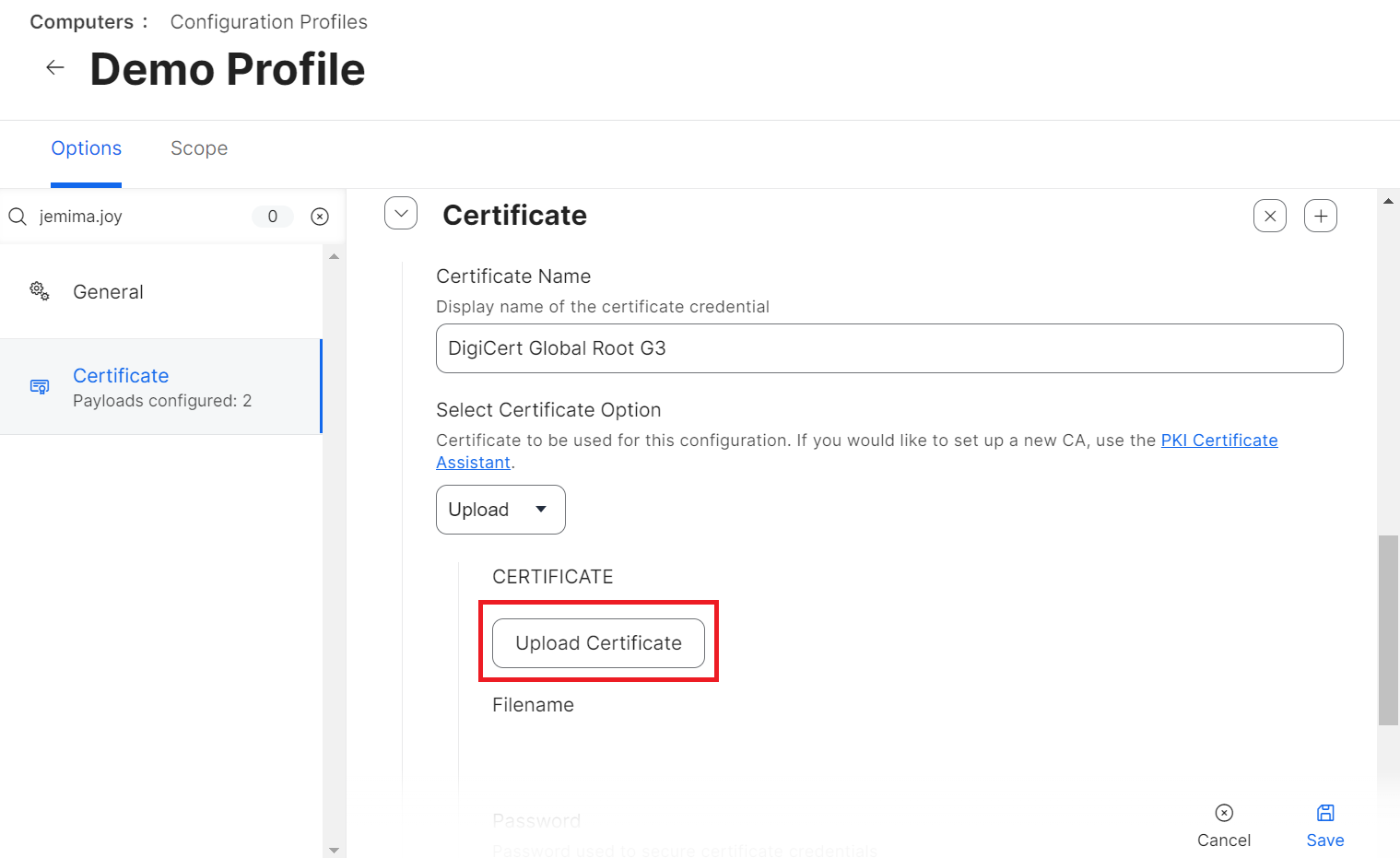 Certificate pop-up — Choose File