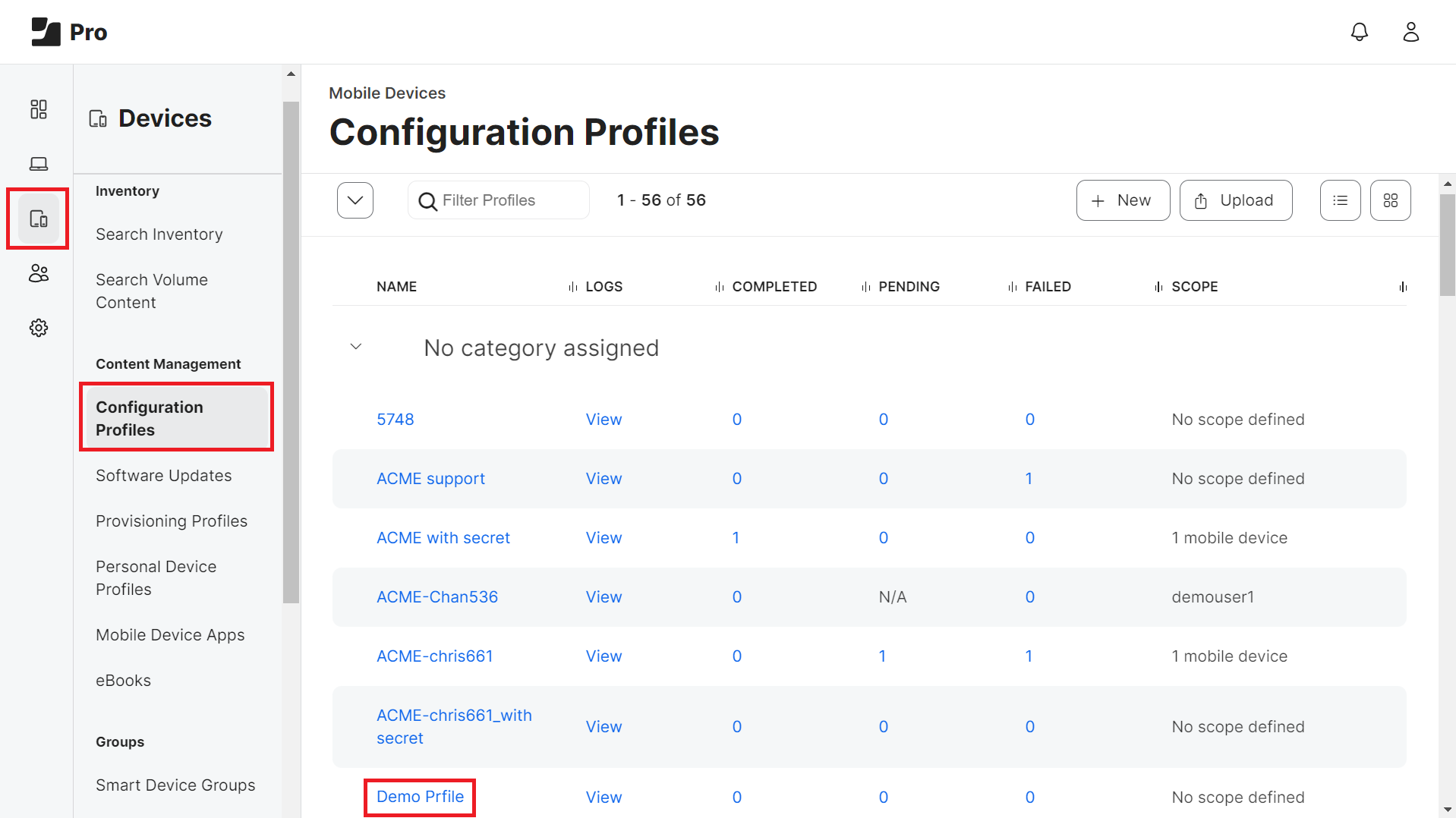 Jamf Pro — Devices > Configuration Profiles