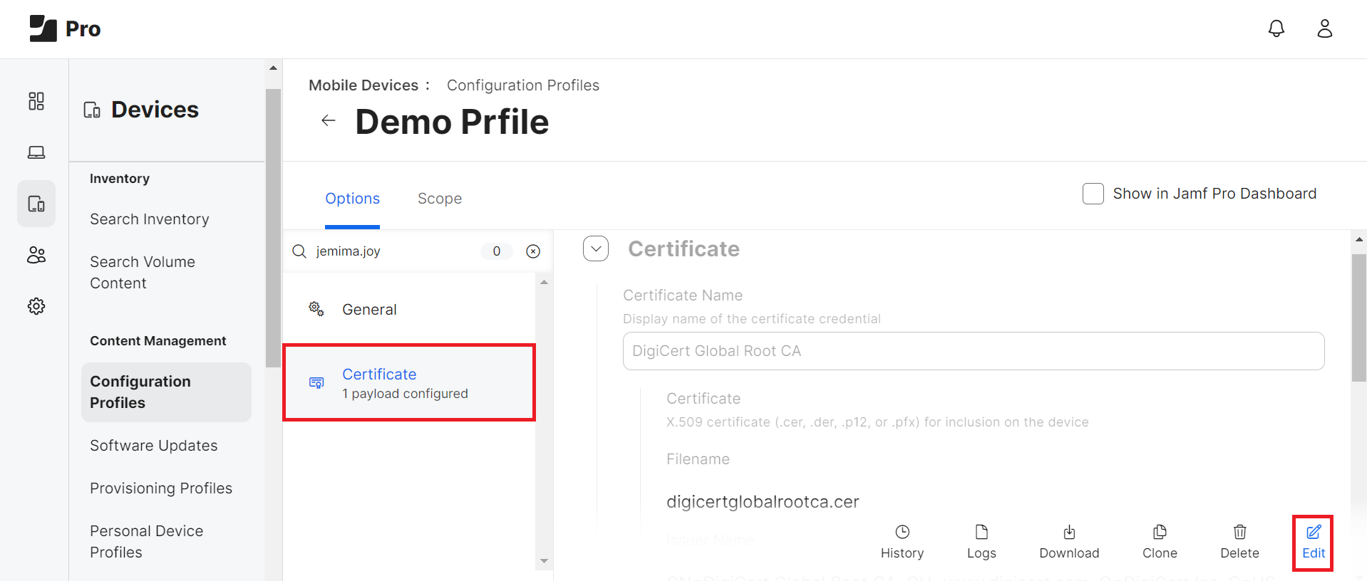 iOS Options > Certificate — Edit
