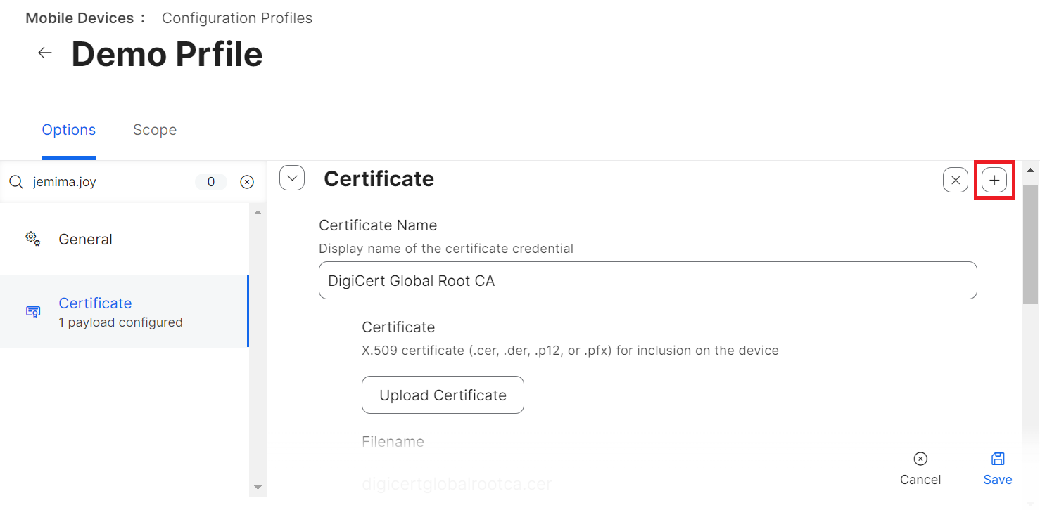iOS Certificate Name and Upload option
