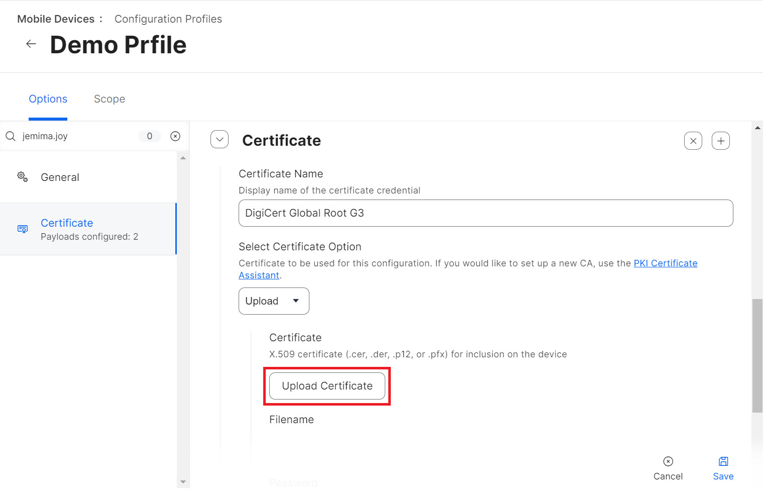 iOS Upload Certificate — Choose File