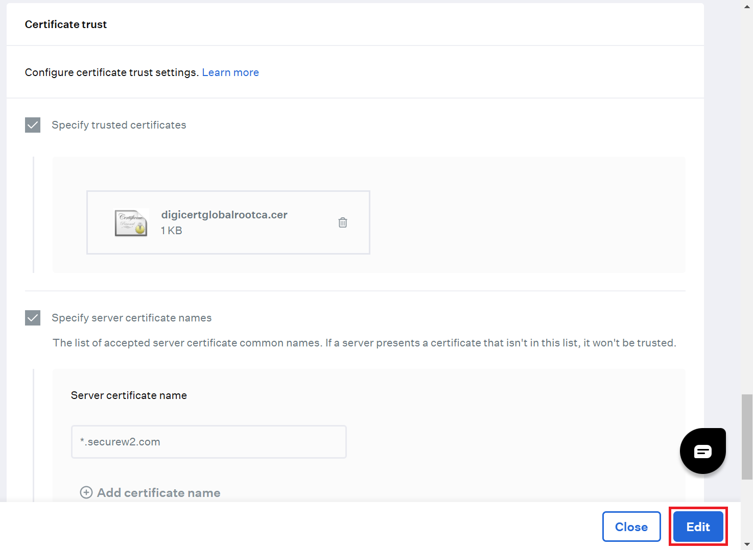 Wi-Fi Profile — Certificate trust section — Edit