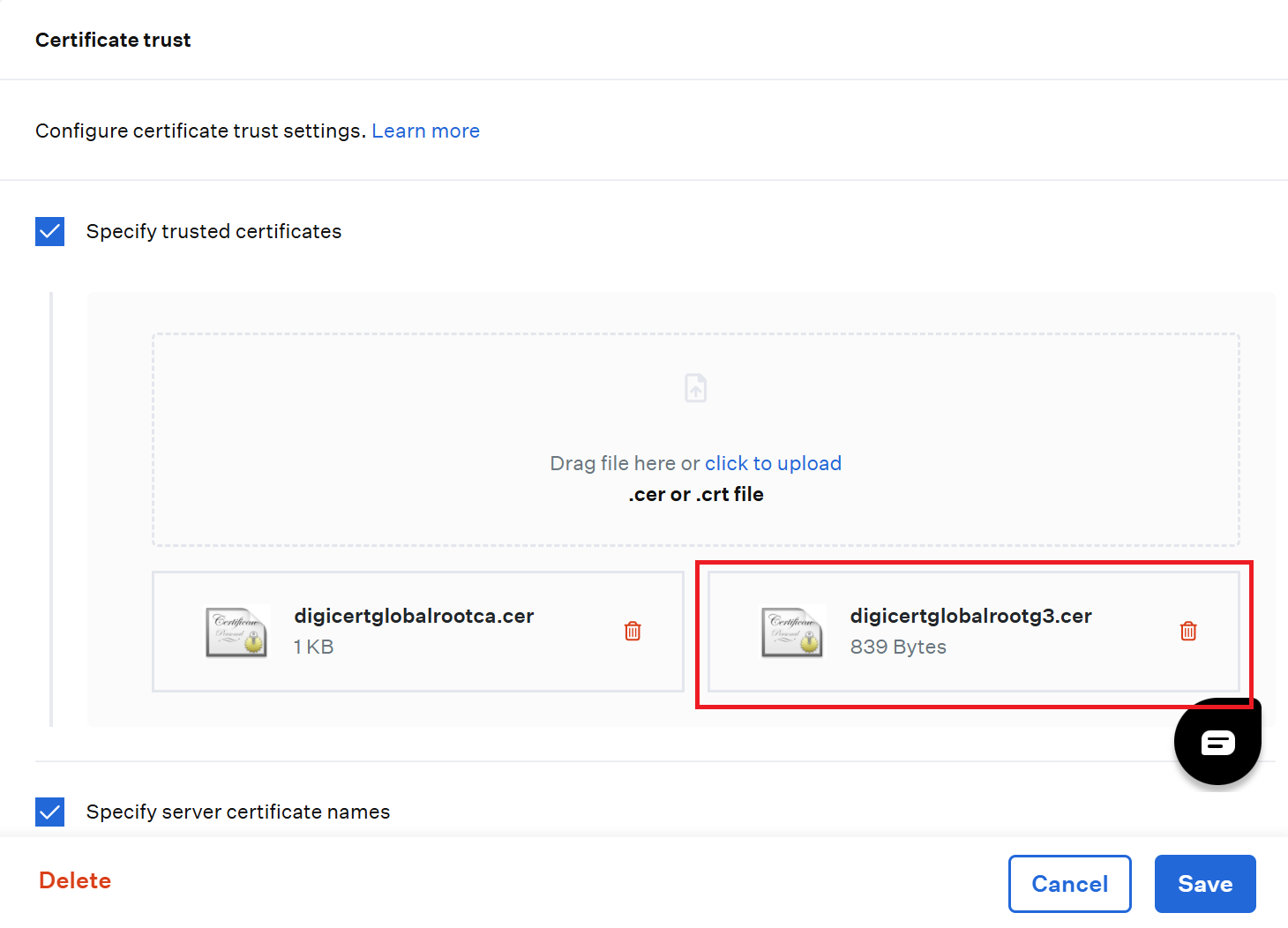 Upload new Root CA — click to upload