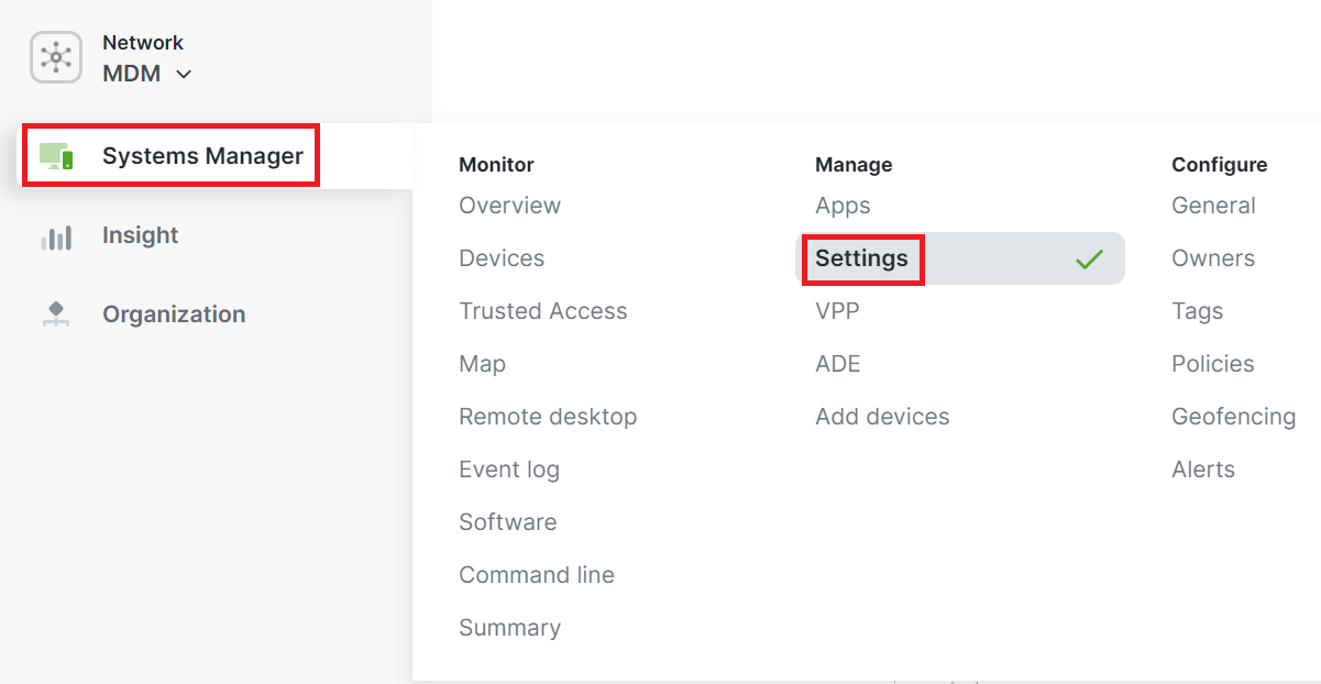 Meraki Systems Manager > Settings — Profiles list