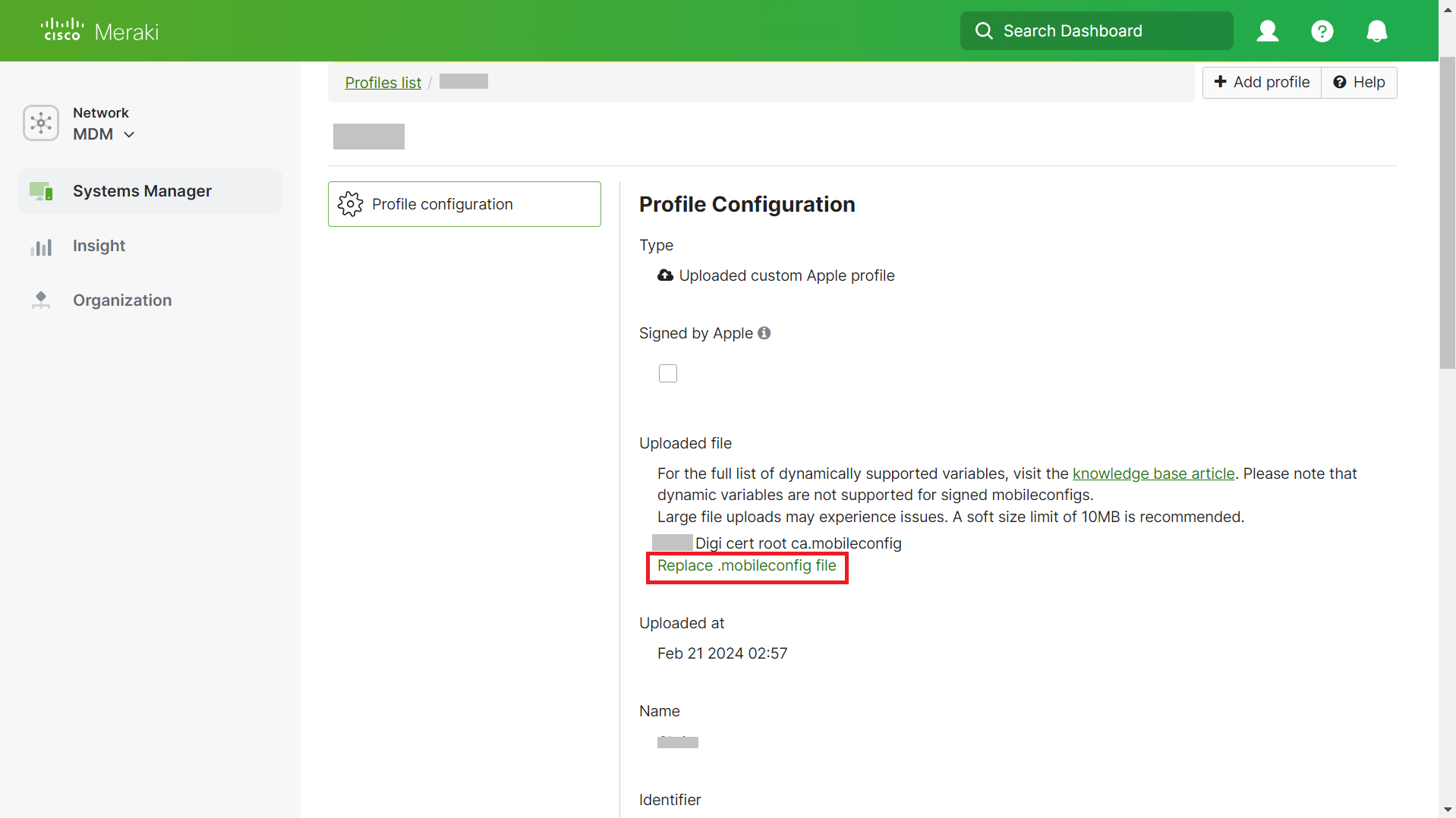 Meraki — Profile Configuration page