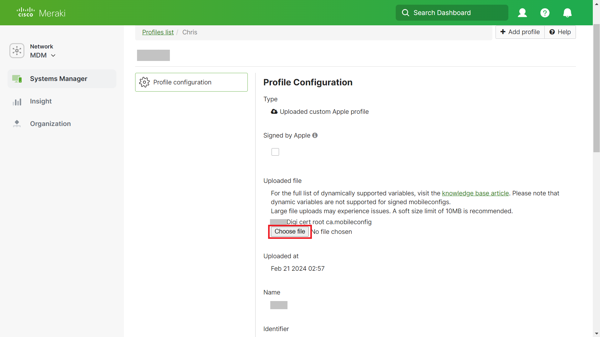 Choose file — .mobileconfig with new Root CA