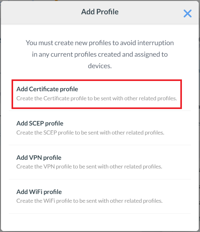 Certificate Profile pop-up — Profile name