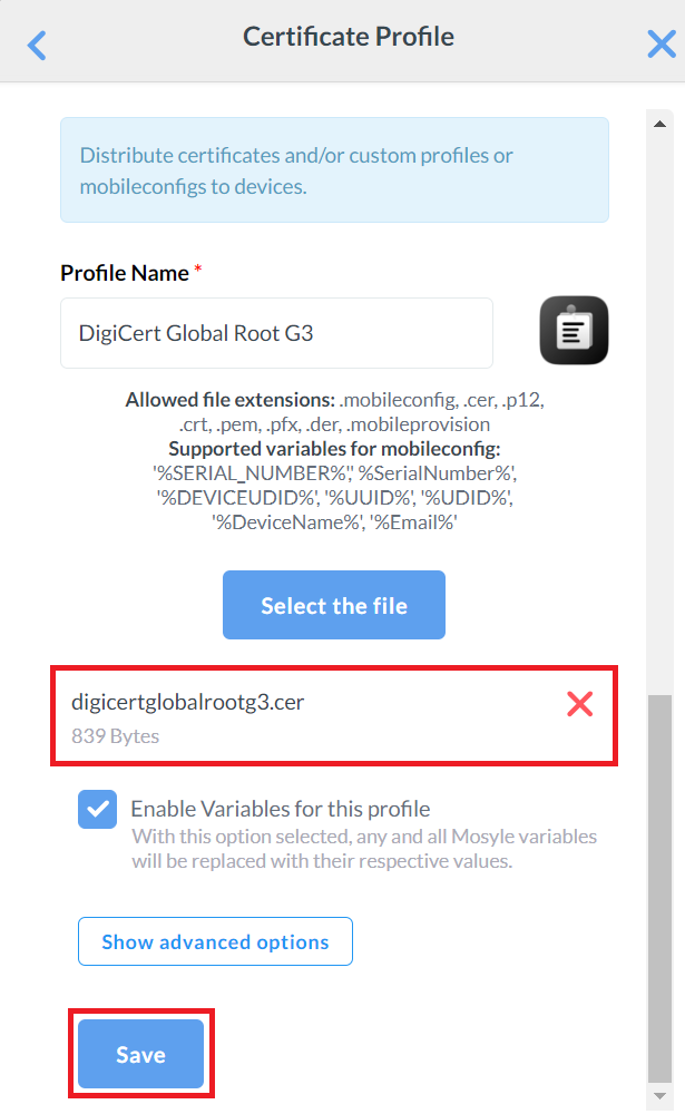 Select the file — upload new Root CA