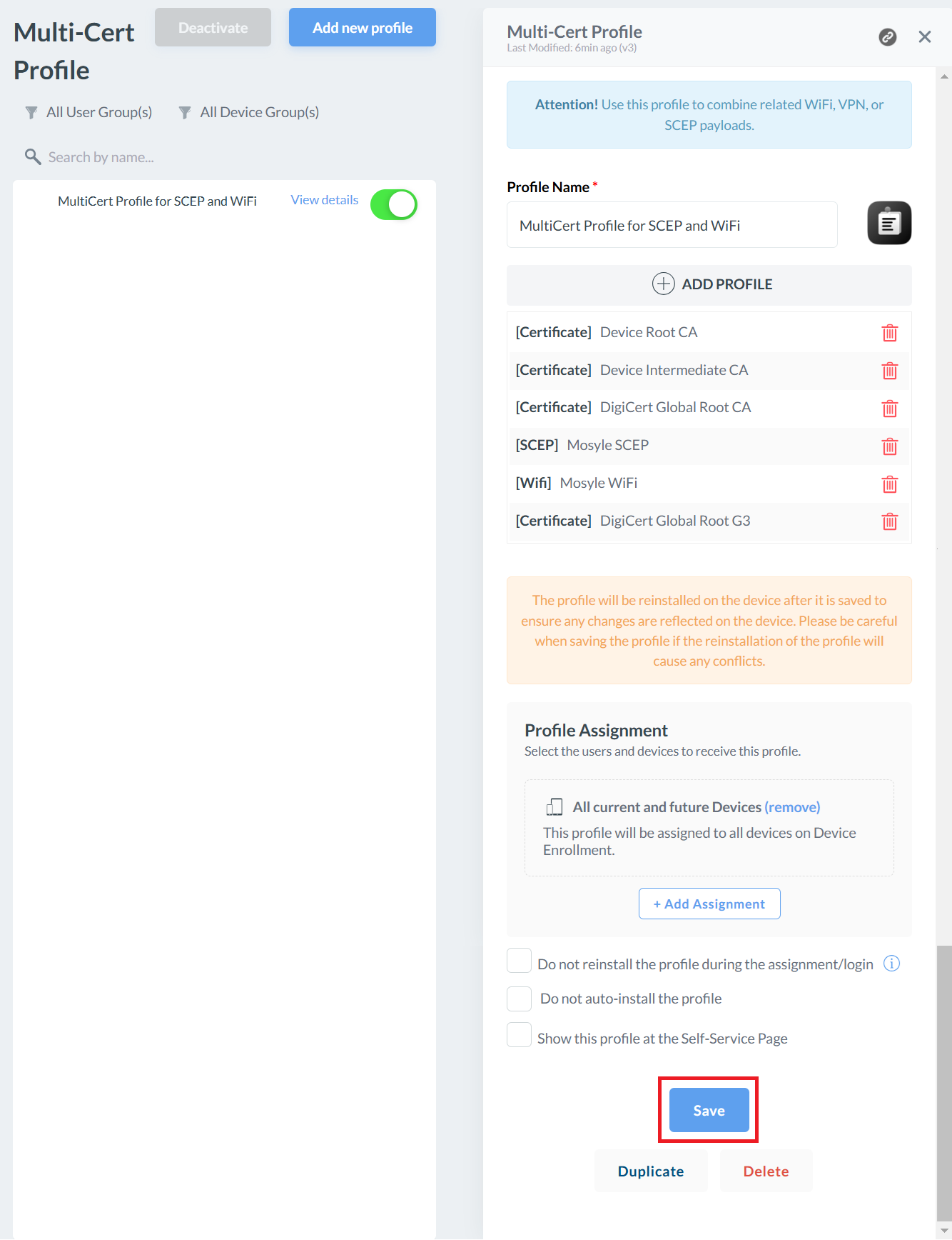 Save to reinstall profile on devices