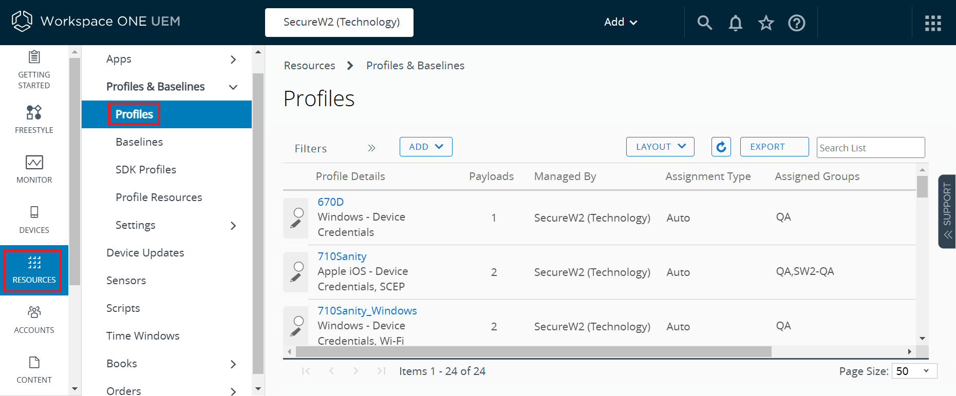 Workspace ONE — Resources > Profiles & Baselines > Profiles