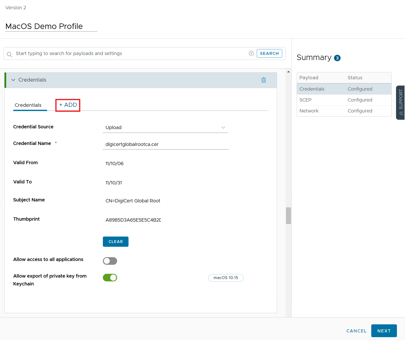 Credentials payload — + ADD for new Root CA