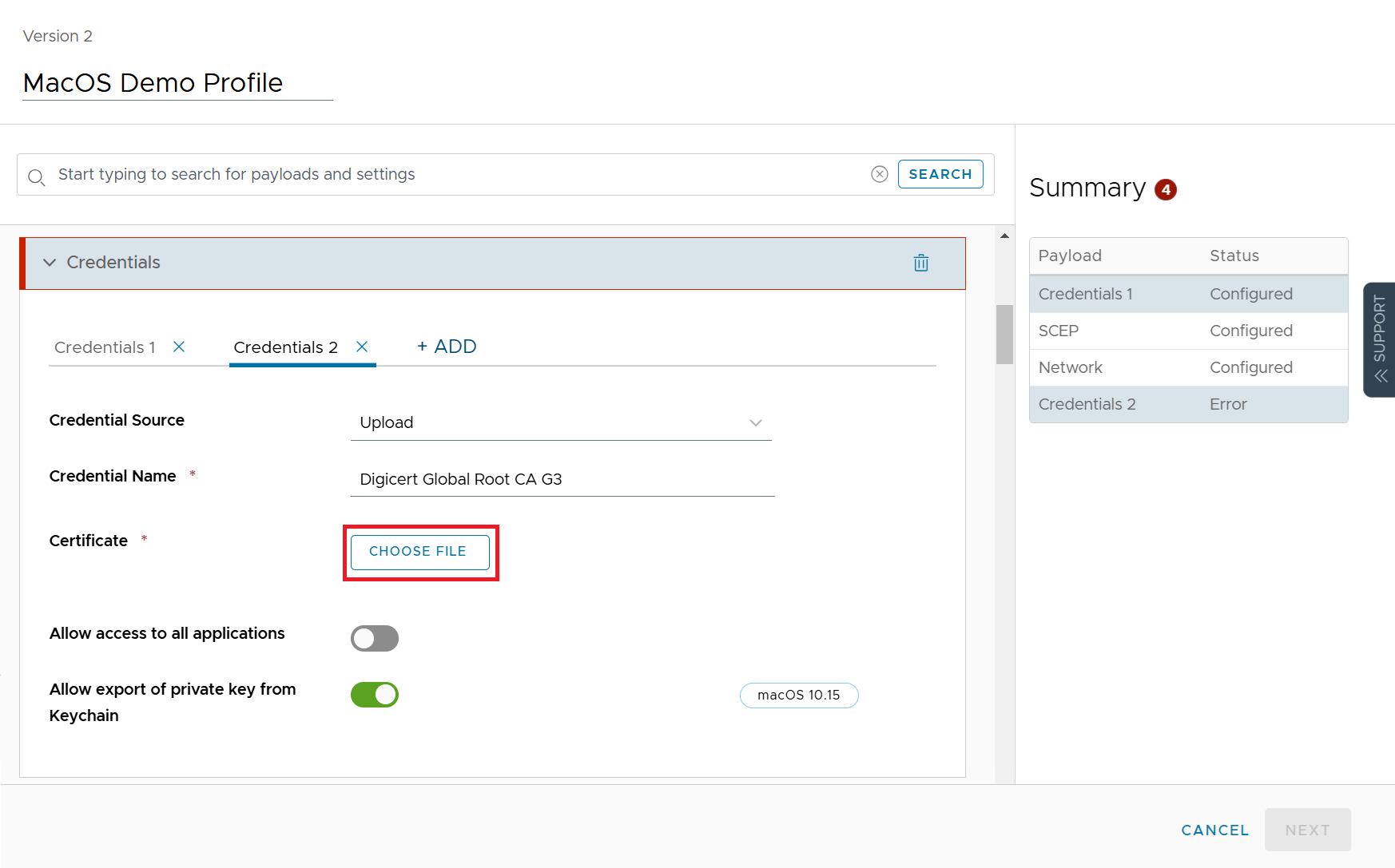 Certificate field — CHOOSE FILE for new Root CA