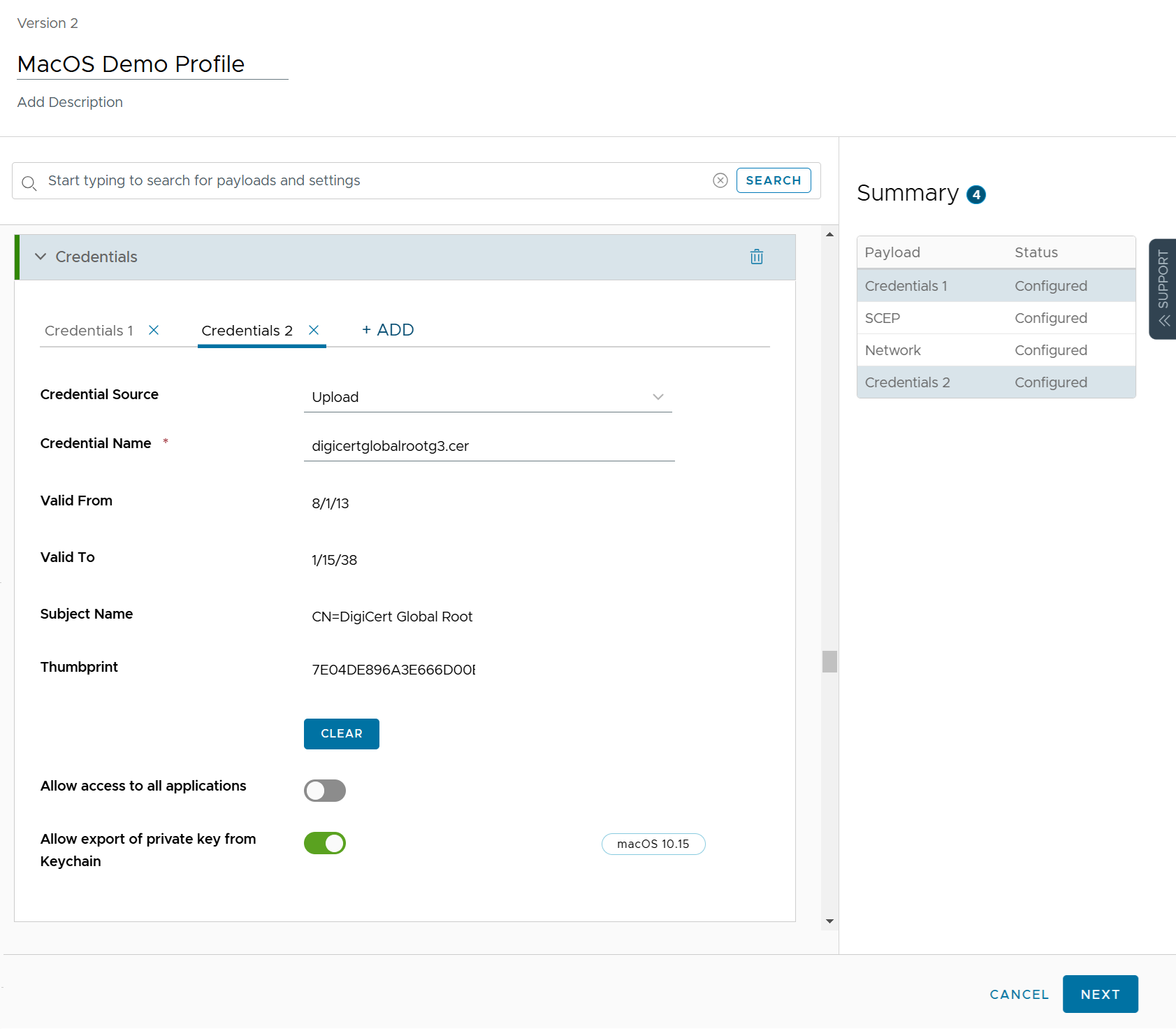 Network payload — Trusted Certificates: Credentials 1 and 2