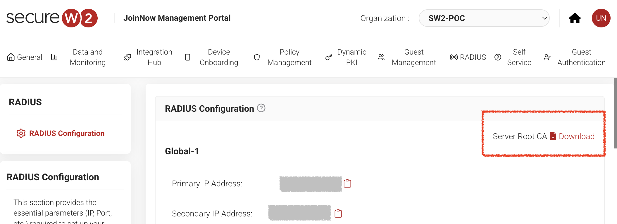 JoinNow Management Portal — RADIUS Configuration, Server Root CA Download